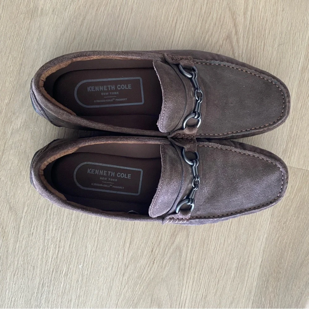 Kenneth Cole NY Brown Suede Driving Loafers Mens Horsebit Chain Slip On 10.5